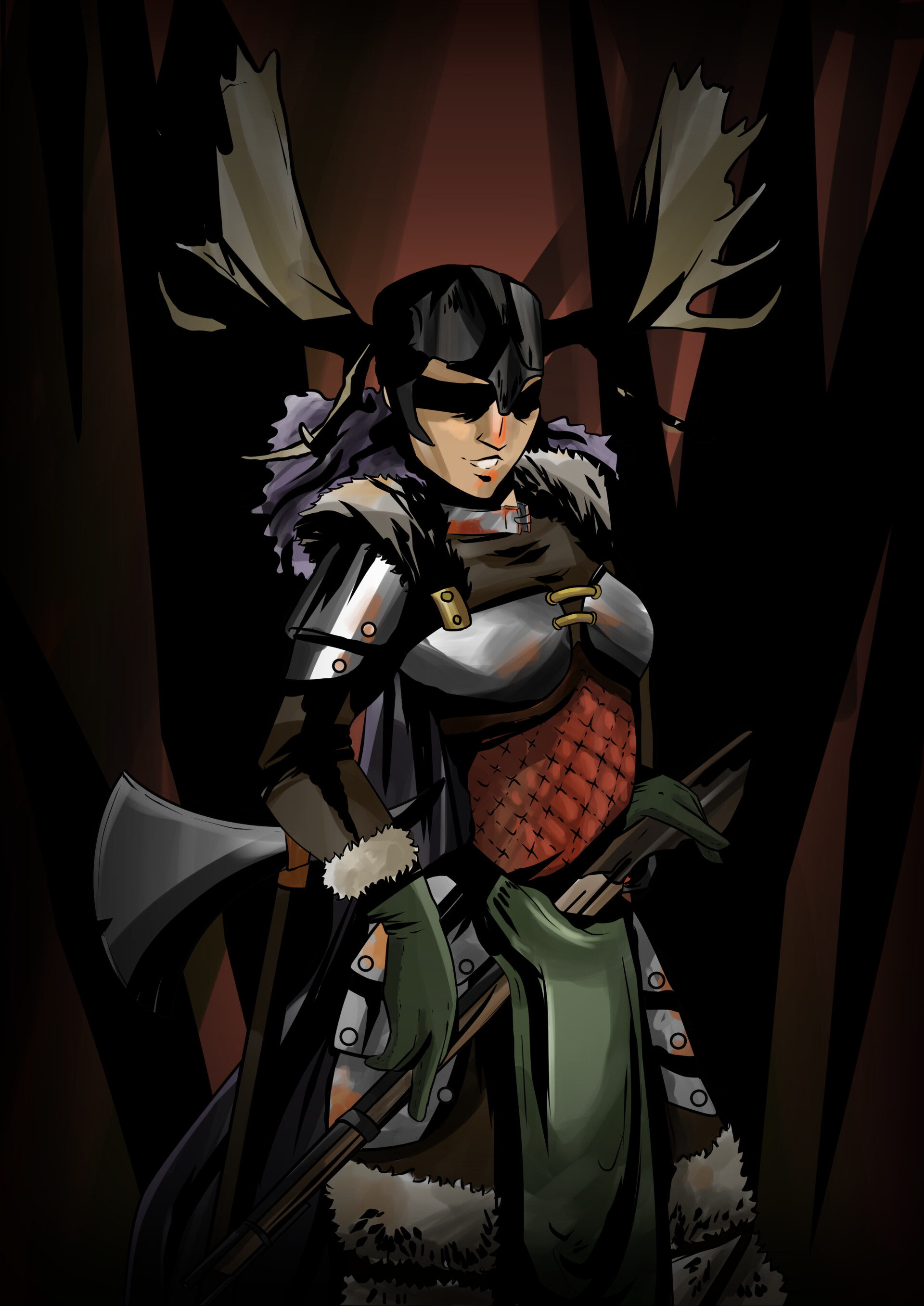 Sklydr: an armoured fantasy warrior with antlers, by Annie Groth