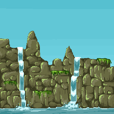 Waterfalls: a pixel art landscape of mossy cliffs and waterfalls, by Annie Groth